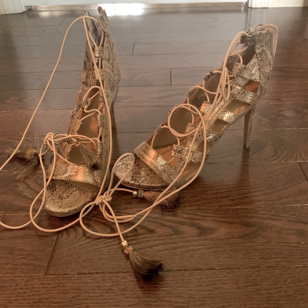 Lace-up Gold Snake Heeled Sandals
